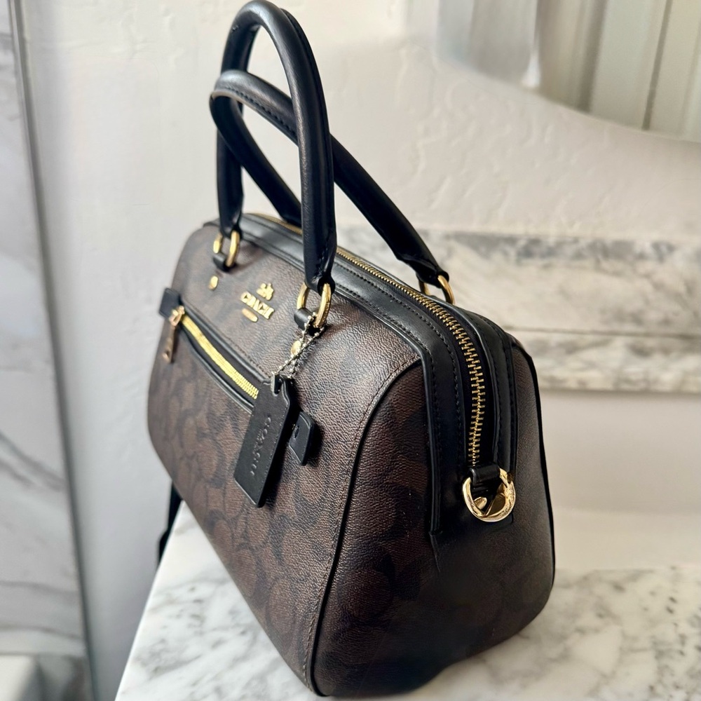 Coach Rowan Signature Canvas & Leather Satchel 2022 #F83607 Black, Brown & Gold - Picture 15 of 16